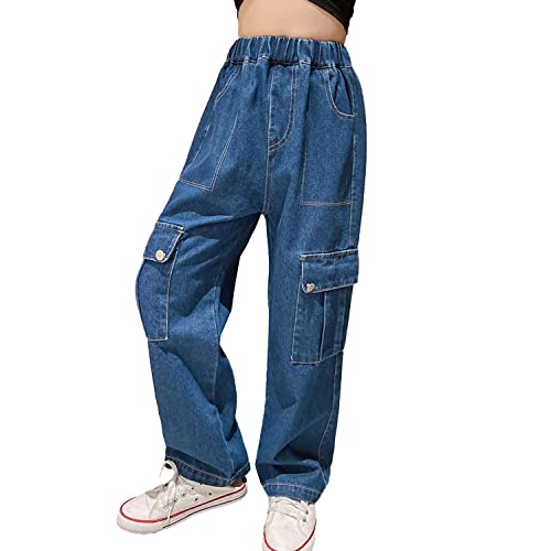 Rolanko Baggy Cargo Jeans für Mädchen, Elastisch, Hohe Taille Weites Bein Vintage Bootcut Denimhose für Kinder, Dunkelblau, Größe: 130 von Rolanko