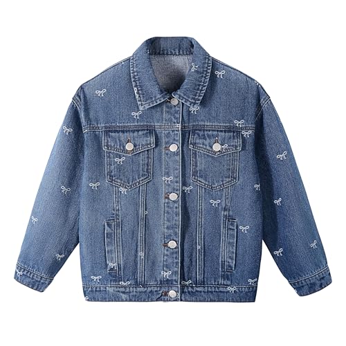 Rolanko Jeansjacke für Mädchen, Basic Distressed Denim Trucker Jacke Outwear Button Down Jeans Mantel, Blaue Schleife, 6-7 Years von Rolanko