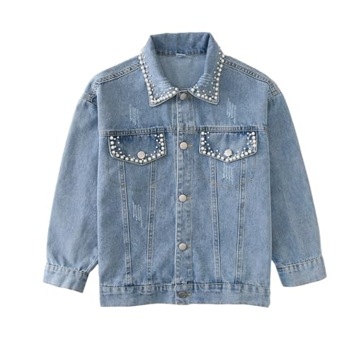 Rolanko Jeansjacke für Mädchen, Basic Trucker Jacke aus Denim Outwear Button Down Jeans Hemden, Blau Perle, Größe: 130/6-7 Jahre von Rolanko