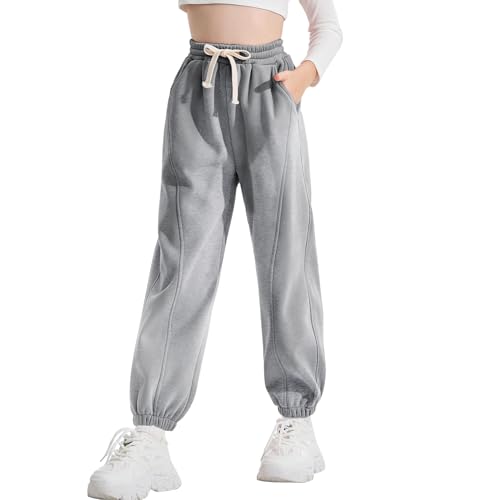 Rolanko Jogging Hose für Mädchen, Baumwoll Fleece Sport Joggers Trainingsanzug mit Mehreren Taschen für Kinder, Graue, Größe: 140/8-9 Jahre von Rolanko