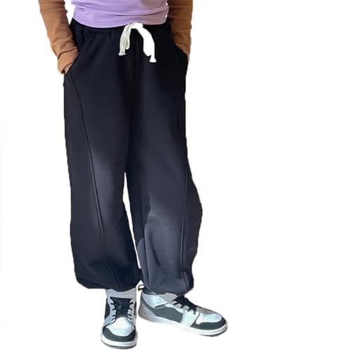 Rolanko Jogging Hose für Mädchen, Baumwoll Fleece Sport Joggers Trainingsanzug mit Mehreren Taschen für Kinder, Schwarz, Größe: 140/8-9 Jahre von Rolanko