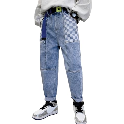 Rolanko Jungen Baggy Jeans, Jungs Zerrissene Denim Hosen mit Elastischem Bund und Taschen Loose Fit für Kinder, Blau Lattice, Größe:150 von Rolanko