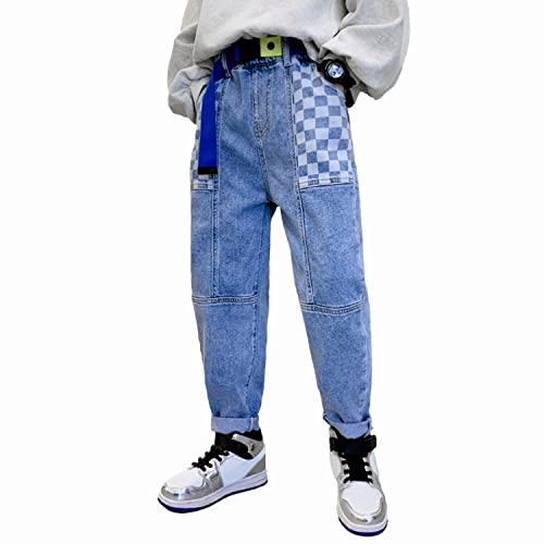 Rolanko Jungen Zerrissene Jeans mit Elastischer Taille, Retro-Denimhose mit Konischem Beindesign und Taschen für Kinder, Blau Lattice, Größe:160 von Rolanko