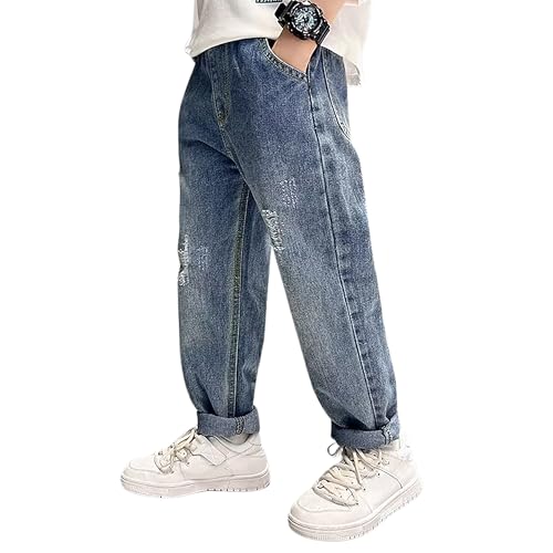 Rolanko Jungen Baggy Jeans, Jungs Zerrissene Denim Hosen mit Elastischem Bund und Taschen Loose Fit für Kinder, Blau SmallHole, Größe:170 von Rolanko