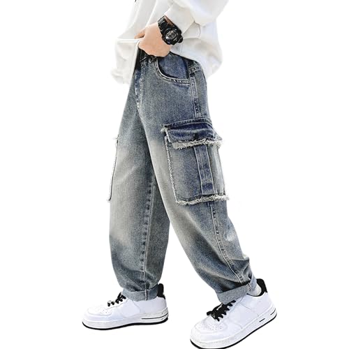 Rolanko Jungen Baggy Jeans, Jungs Zerrissene Denim Hosen mit Elastischem Bund und Taschen Loose Fit für Kinder, Blau RawEdges, Größe:130 von Rolanko
