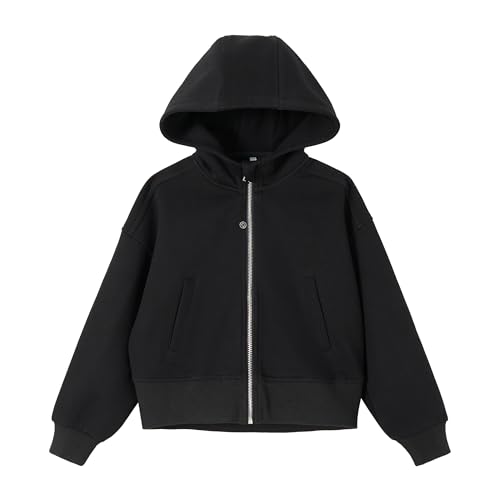 Rolanko Kapuzenpullover für Mädchen mit Reißverschluss, Gemütliche Langarm-Kapuzenjacke Lässiges Sweatshirt-Oberteil mit Taschen für Teenager, Schwarz, 13-15 Jahre/170 von Rolanko