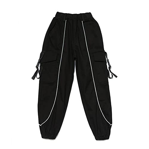 Rolanko Kinder Cargo Hose Elastische Taille Jogger Hose für Jungen Mädchen Street Hip Hop, Schwarzer Streifen, Größe:130 von Rolanko