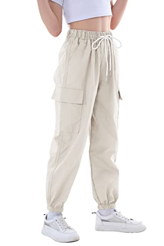 Rolanko Kinder Cargo Hose Elastische Taille Jogger Hose für Mädchen Street Hip Hop, Beige, Größe:130 von Rolanko