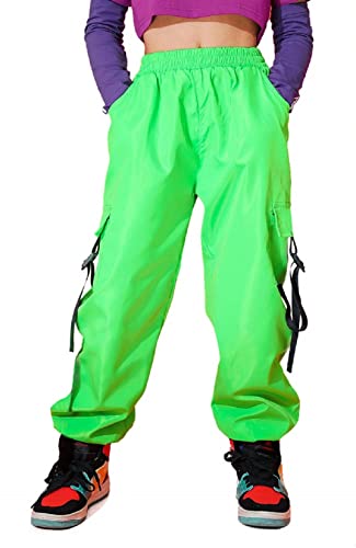 Rolanko Kinder Cargo Hose Elastische Taille Jogger Hose für Mädchen Street Hip Hop, Neon Grün, Größe:150 von Rolanko