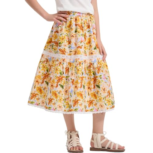 Rolanko Langer Geblümt Rock für Mädchen, Elastischer Hoher Taillen Rüschensaum Fließendes A-Linien Boho Maxikleid, Orange, 7-8 Jahre, 130 von Rolanko