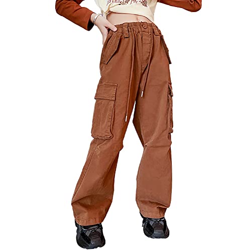 Rolanko Mädchen Baggy Cargo Hose, Elastisch Hohe Taille Gerade Weites Bein Streetwear Hose mit Mehreren Taschen, Braun, Größe: 140 von Rolanko