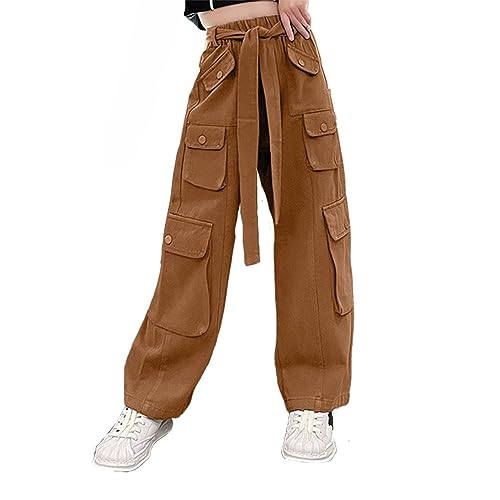 Rolanko Mädchen Baggy Cargo Hose, Elastisch Hohe Taille Gerade Weites Bein Streetwear Hose mit Mehreren Taschen, Dunkel Braun, Größe: 130 von Rolanko