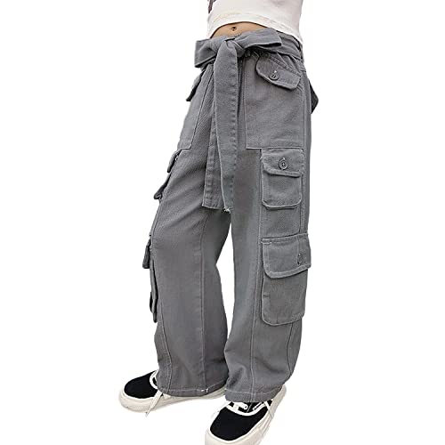 Rolanko Mädchen Baggy Cargo Hose, Elastisch Hohe Taille Gerade Weites Bein Streetwear Hose mit Mehreren Taschen, Grau, Größe: 130 von Rolanko