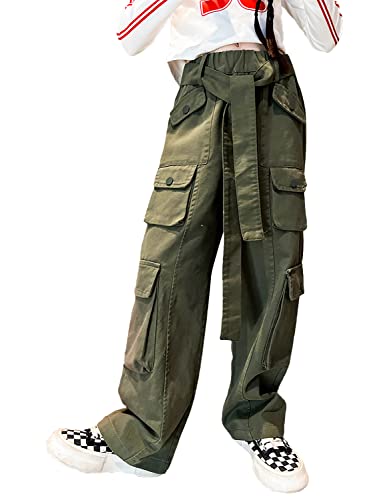 Rolanko Mädchen Baggy Cargo Hose, Elastisch Hohe Taille Gerade Weites Bein Streetwear Hose mit Mehreren Taschen, Grün, Größe: 160 von Rolanko