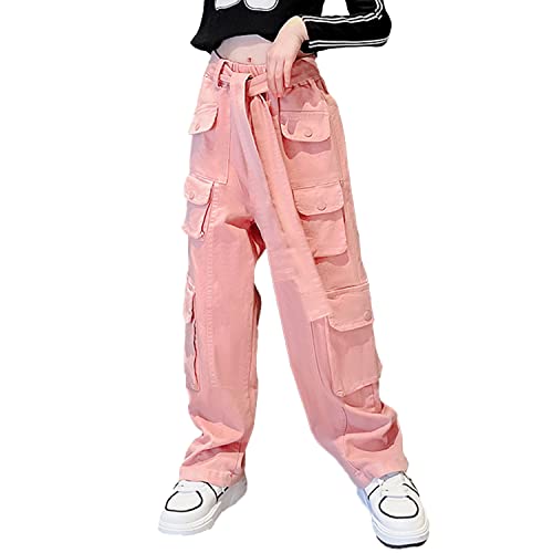 Rolanko Mädchen Baggy Cargo Hose, Elastisch Hohe Taille Gerade Weites Bein Streetwear Hose mit Mehreren Taschen, Rosa, Größe: 130 von Rolanko