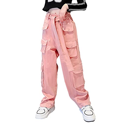 Rolanko Mädchen Baggy Cargo Hose, Elastisch Hohe Taille Gerade Weites Bein Streetwear Hose mit Mehreren Taschen, Rosa, Größe: 160 von Rolanko