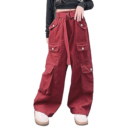 Rolanko Mädchen Baggy Cargo Hose, Elastisch Hohe Taille Gerade Weites Bein Streetwear Hose mit Mehreren Taschen, Rot, Größe: 160/10-11 Jahre von Rolanko