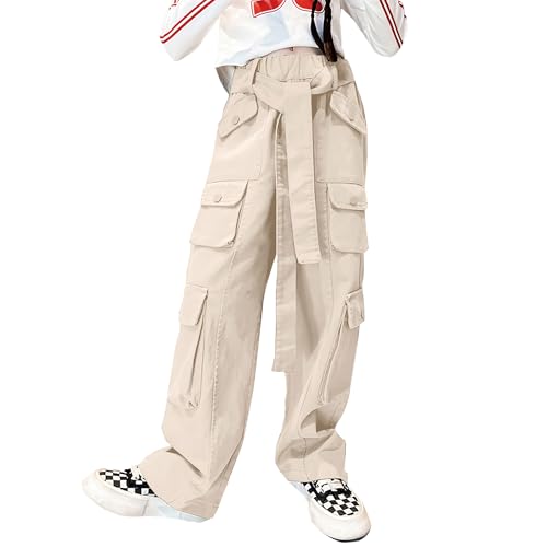 Rolanko Mädchen Baggy Cargo Hose, Elastisch Hohe Taille Gerade Weites Bein Streetwear Jeans mit Mehreren Taschen, Beige, Größe: 8-9 Jahre/140 von Rolanko