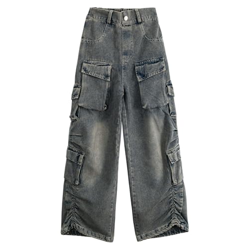 Rolanko Mädchen Baggy Cargo Hose, Elastisch Hohe Taille Gerade Weites Bein Streetwear Jeans mit Mehreren Taschen, Retro Blau, Größe: 13-15 Jahre/170 von Rolanko