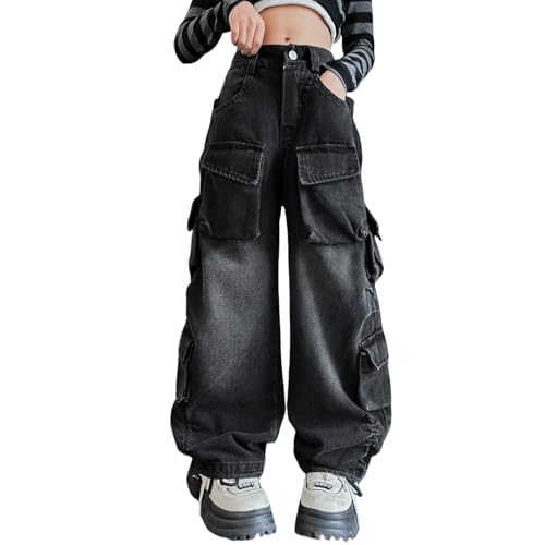 Rolanko Mädchen Baggy Cargo Hose, Elastisch Hohe Taille Gerade Weites Bein Streetwear Jeans mit Mehreren Taschen, Retro Schwarz, Größe: 11-12 Jahre/160 von Rolanko