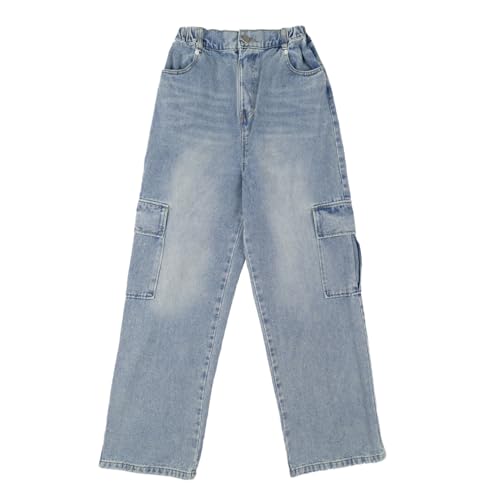 Rolanko Mädchen Baggy Jeans Weites Bein Elastische Taille Cargo Denim Hose, Hellblau Cargo, Größe: 130 von Rolanko