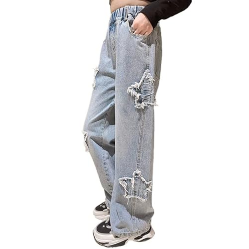Rolanko Mädchen Baggy Jeans Weites Bein Elastische Taille Patchwork Denim-Hosen, Blau, Größe: 130 von Rolanko