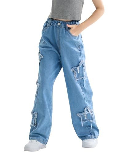 Rolanko Mädchen Baggy Jeans Weites Bein Elastische Taille Patchwork Denim-Hosen, Blau, Größe: 140 von Rolanko