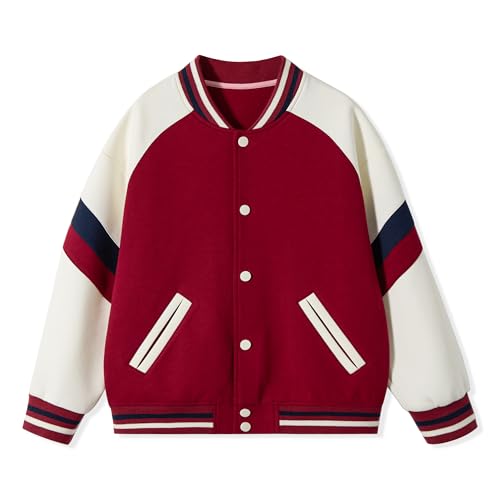 Rolanko Mädchen Baseball Jacke Jungen im Varsity-Stil, Sweatjacke mit Taschen für die Schule, Bomber mantel für Kinder, Rot, 170, 13-14 Jahre von Rolanko