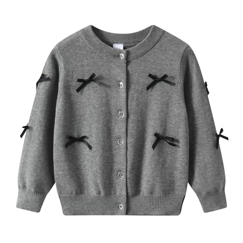 Rolanko Mädchen Bolero Strickjacken, Langarm Baumwolle Basic Schulkleidung, Rundhalsausschnitt Pullover Cardigan, (Grau Bow, Größe: 140/8-9 Jahre) von Rolanko
