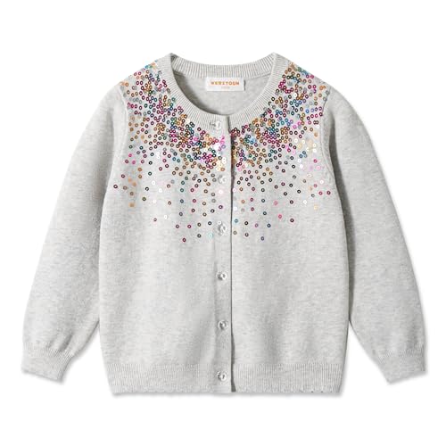 Rolanko Mädchen Bolero Strickjacken, Langarm Baumwolle Basic Schulkleidung, Rundhalsausschnitt Pullover Cardigan, (Pailletten Grau, Größe: 120/5-6 Jahre) von Rolanko