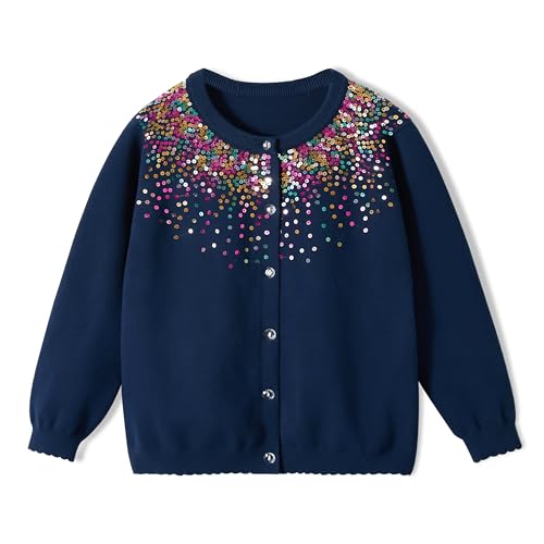 Rolanko Mädchen Bolero Strickjacken, Langarm Baumwolle Basic Schulkleidung, Rundhalsausschnitt Pullover Cardigan, (Pailletten Marine, Größe: 110/4-5 Jahre) von Rolanko