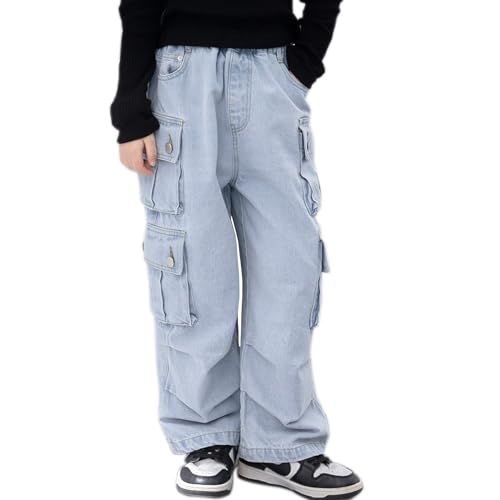 Rolanko Mädchen Cargo Baggy Jeans Weit Geschnittene Denim-Hose mit Mehreren Taschen für Kinder, Blau, Größe: 170,13-15 Jahre von Rolanko