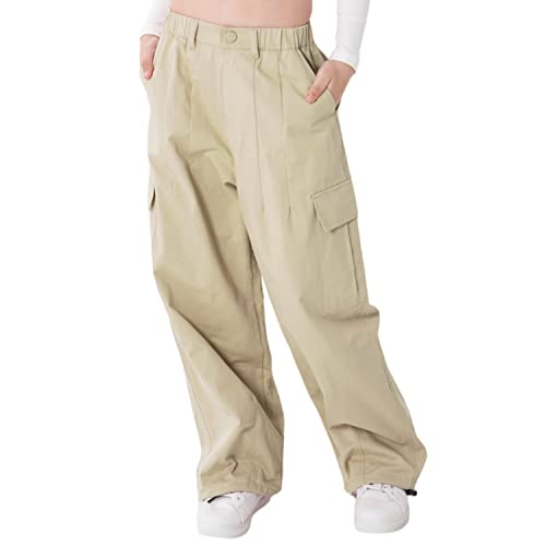 Rolanko Mädchen Cargohose, Baumwoll Baggy Hose mit Elastischer Taille und Mehreren Taschen für Kinder von 6–15 Jahre, Beige, Größe: 130 von Rolanko