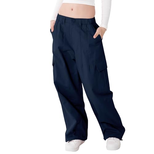 Rolanko Mädchen Cargohose, Baumwoll Baggy Hose mit Elastischer Taille und Mehreren Taschen für Kinder von 6–15 Jahre, Dunkelblau, Größe: 130 von Rolanko