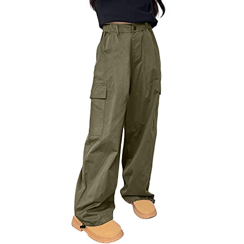 Rolanko Mädchen Cargohose, Baumwoll Baggy Hose mit Elastischer Taille und Mehreren Taschen für Kinder von 6–15 Jahre, Grün, Größe: 140 von Rolanko