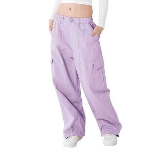 Rolanko Mädchen Cargohose, Baumwoll Baggy Hose mit Elastischer Taille und Mehreren Taschen für Kinder von 6–15 Jahre, Lila, Größe: 150 von Rolanko