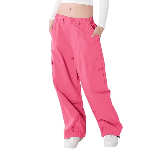 Rolanko Mädchen Cargohose, Baumwoll Baggy Hose mit Elastischer Taille und Mehreren Taschen für Kinder von 6–15 Jahre, Rosarot, Größe: 150 von Rolanko