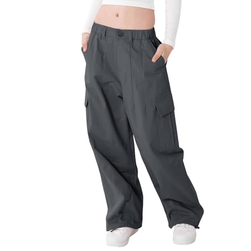 Rolanko Mädchen Cargohose, Baumwoll Baggy Hose mit Elastischer Taille und Mehreren Taschen für Kinder von 6–15 Jahre, Rost Grau, Größe: 140 von Rolanko