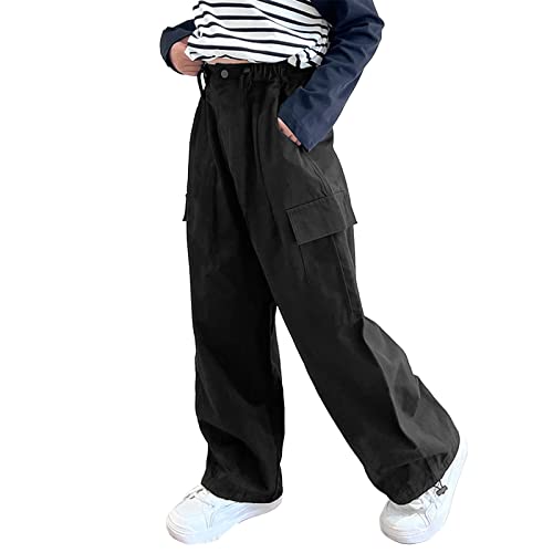 Rolanko Mädchen Cargohose, Baumwoll Baggy Hose mit Elastischer Taille und Mehreren Taschen für Kinder von 6–15 Jahre, Schwarz, Größe: 150 von Rolanko
