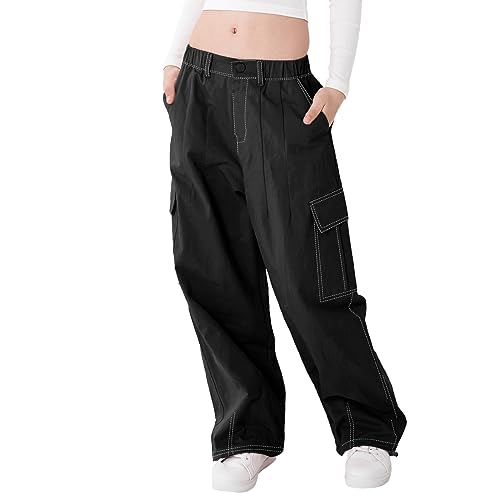 Rolanko Mädchen Cargohose, Baumwoll Baggy Hose mit Elastischer Taille und Mehreren Taschen für Kinder von 6–15 Jahre, Schwarz Linie, Größe: 130 von Rolanko