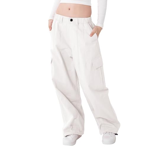 Rolanko Mädchen Cargohose, Baumwoll Baggy Hose mit Elastischer Taille und Mehreren Taschen für Kinder von 6–15 Jahre, Weiß, Größe: 160 von Rolanko
