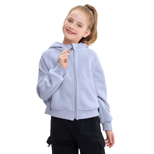 Rolanko Mädchen Cropped Zip Up Kapuzenpullover, Full Zip Gym Active Sweatjacke Langärmelig Causal Tops für Kinder, Blau, 10-11 Jahre, 150 von Rolanko