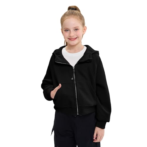 Rolanko Mädchen Cropped Zip Up Kapuzenpullover, Full Zip Gym Active Sweatjacke Langärmelig Causal Tops für Kinder, Schwarz, 10-11 Jahre, 150 von Rolanko