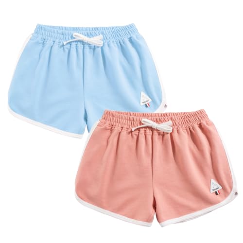 Rolanko Mädchen Gym Kurze Hose, Baumwolle Sommer Heiß Kurze Running Hosen, Kinder aktive Sport Bekleidung zum Tanzen und Yoga, 2 Packungen (HimmelBlau Rosa, Größe:150, 10-11 Jahre) von Rolanko