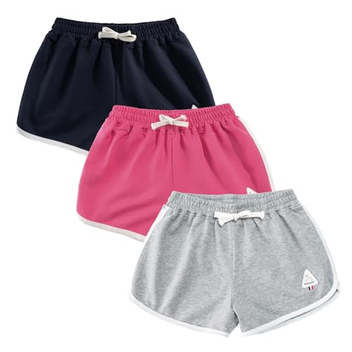 Rolanko Mädchen Gym Kurze Hose, Baumwolle Sommer Heiß Kurze Running Hosen, Kinder aktive Sport Bekleidung zum Tanzen und Yoga, 3 Packungen (Grau Rosa Navy, Größe:150, 10-11 Jahre) von Rolanko