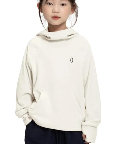 Rolanko Mädchen Hoodies Fleece Sweatshirts Langarm Gemütlicher Leichter Kapuzenpullover Oberteile mit Tasche, Kinder Warme Sportliche Oberbekleidung, Beige, 9-10 Jahre, 140 von Rolanko