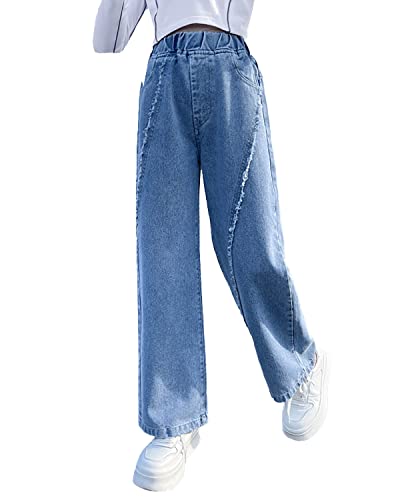 Rolanko Mädchen Jean Hosen Loch Denim Blau Jeans, Vintage Hose mit Weitem Bein für Kinder Fit, Blue Burrs, Größe: 140 von Rolanko