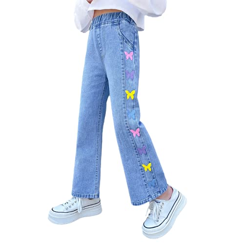 Rolanko Mädchen Jean Hosen Loch Denim Blau Jeans, Vintage Hose mit Weitem Bein für Kinder Fit, Blue Color Fly, Größe: 130 von Rolanko