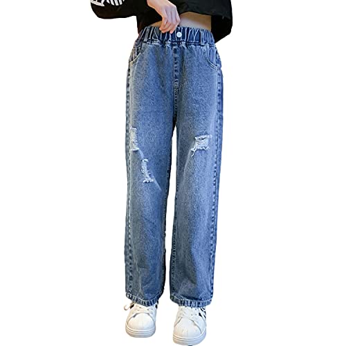 Rolanko Mädchen Jean Hosen Loch Denim Blau Jeans, Vintage Hose mit Weitem Bein für Kinder Fit, Blue Hole, Größe: 140 von Rolanko