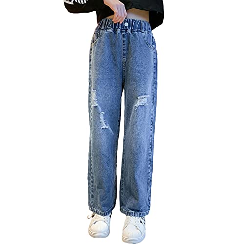 Rolanko Mädchen Jean Hosen Loch Denim Blau Jeans, Vintage Hose mit Weitem Bein für Kinder Fit, Blue Hole, Größe: 150 von Rolanko